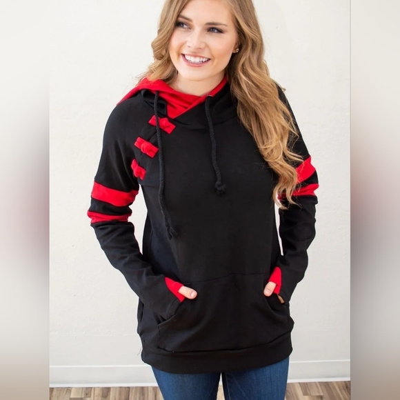 Rogue Society Tops - Womens Hoodie Black With Red Details Slim Fit Double Hood Fits Sz 1X/2X